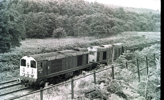 Double headed diesels,class 20s cross Cannock Chase with coal train in the 1970s