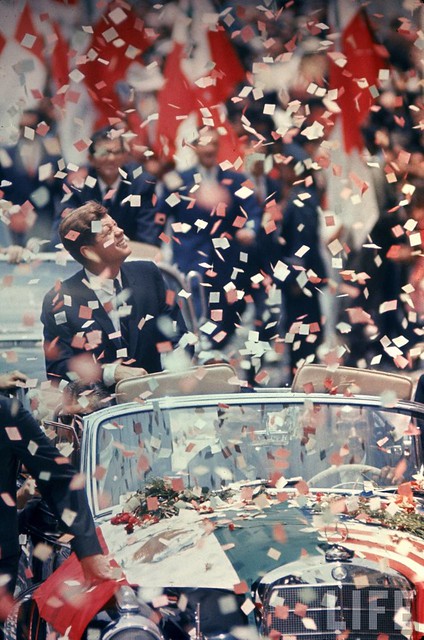 US President John F. Kennedy receiving a ticker tape parade during a state visit to Mexico. Jul 1962