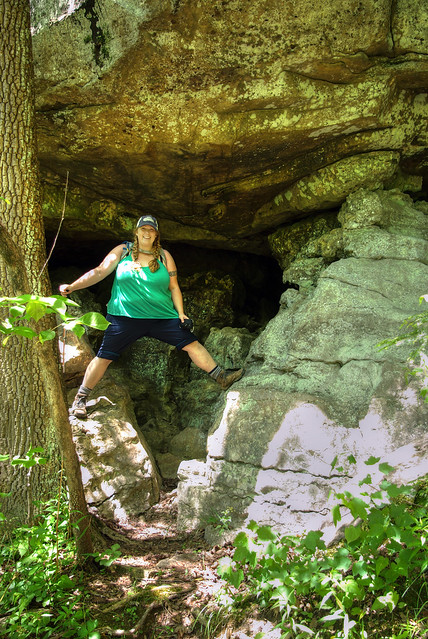 Alexis Lienhart at the entrance to Muir Trail Cave, Big South Fork NRRA, Scott Co, TN