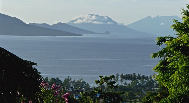 Gorgeous balcony view from Villa Ma'Rasai to Tidore, Mare, Moti and Makian Islands, the old Spice Islands