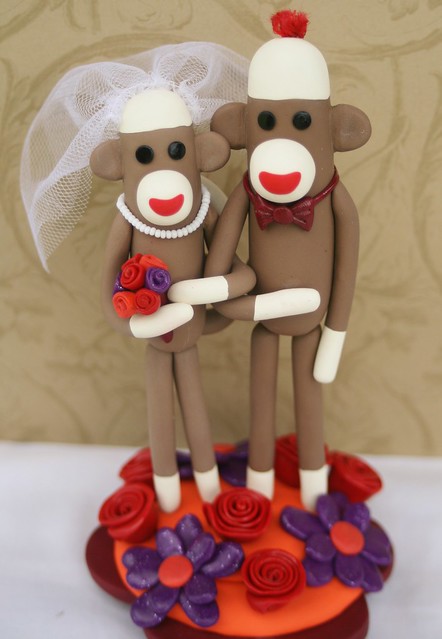 Autumn Wedding Cake topper Sock Monkey couple