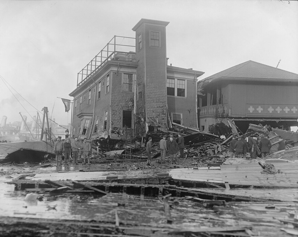 Fire House no. 31 damaged, Molasses Disaster. 1:00pm. Photo posted by Boston Public Library; in the public domain.