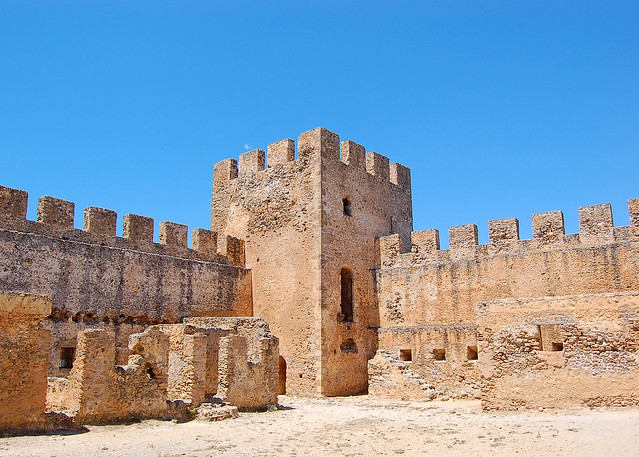 A corner tower of the Frangokastello castle on the Greek island of Crete