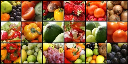 Nutrition collage with fruits, vegetables and berries