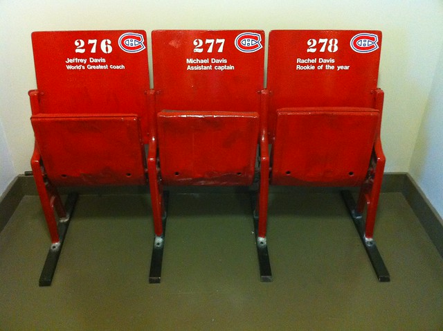 Stadium seats from the Montreal Canadiens, inexplicably in a hallway in a warehouse office building in Boston, MA