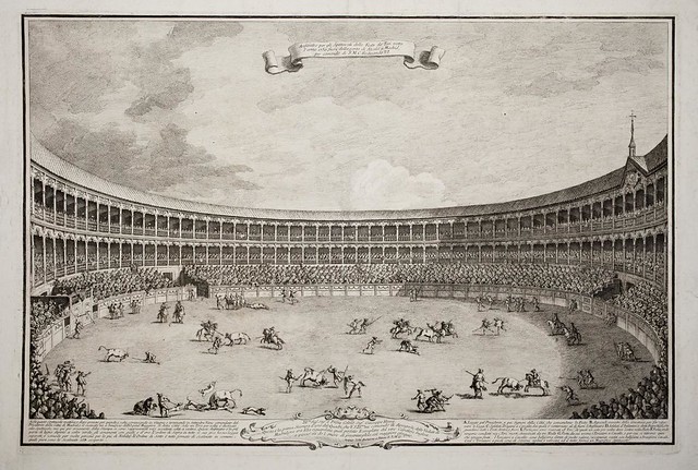 Escena de una función taurina en la antigua plaza de Alcalá de Madrid a beneficio del Hospital Mayor de esta ciudad en 1750