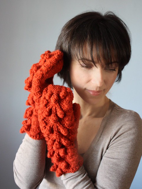 Super chunky Handknit cable mittens/ gloves / armwarmers Paprika / Orange  long classic