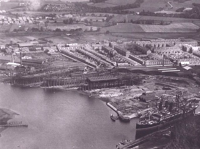 View of the Leven Shipyard from the Castle c 1916.  Rows of workmen’s dwellings can be seen behind the slipways