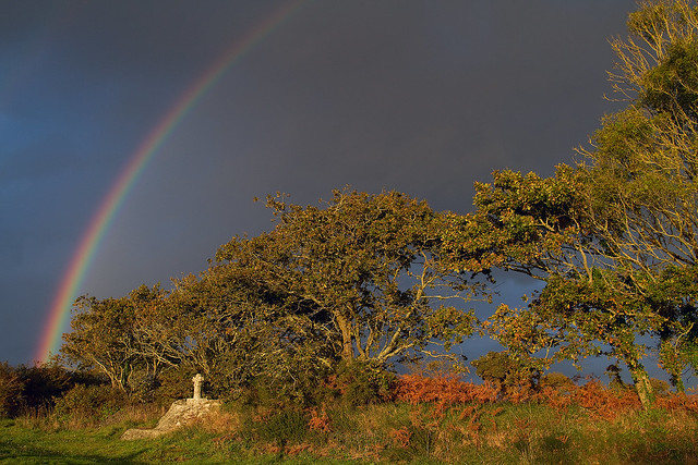 Rainbow before the storm at sunset at Celan, Nevez, Brittany