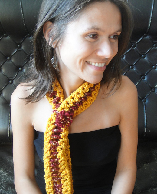 Handmade Tie Scarf Knit in mustered Yellow and Burgundy Red
