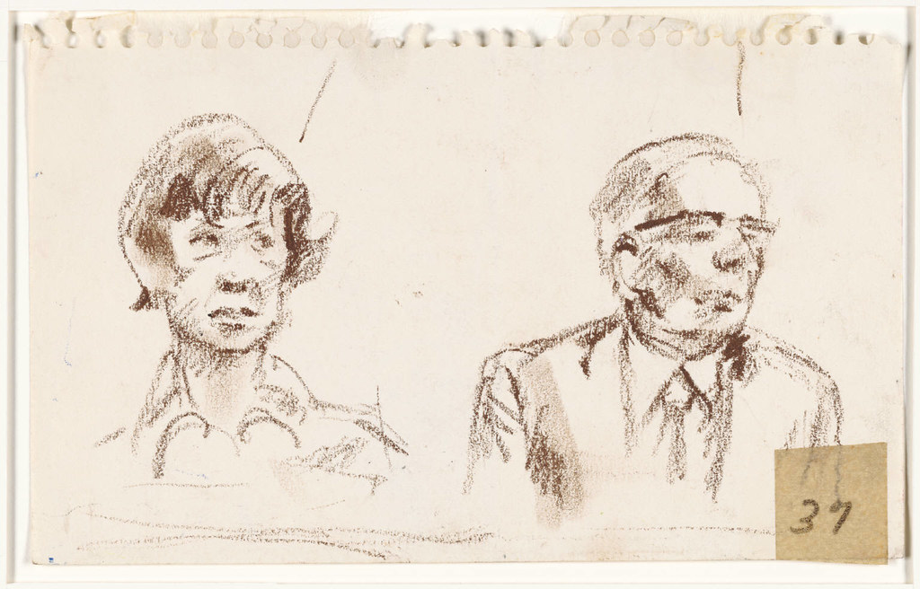 [Oil pastel (brown) on beige paper of two white jurors; one female, one male]. 37