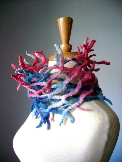 CORAL REEF Fish net felted Art scarf / wrap / neckwarmer / head band / hip wrap OOAK Blush Pink/ White/ Light Blue/ Dark Blue
