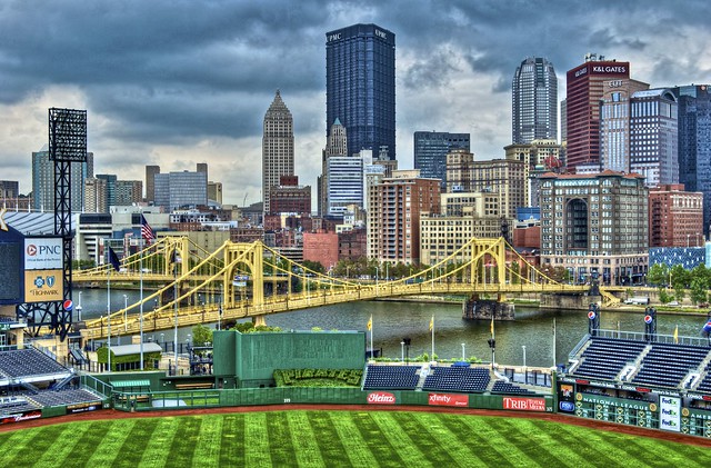 Pittsburgh skyline from pressbox of PNC Park