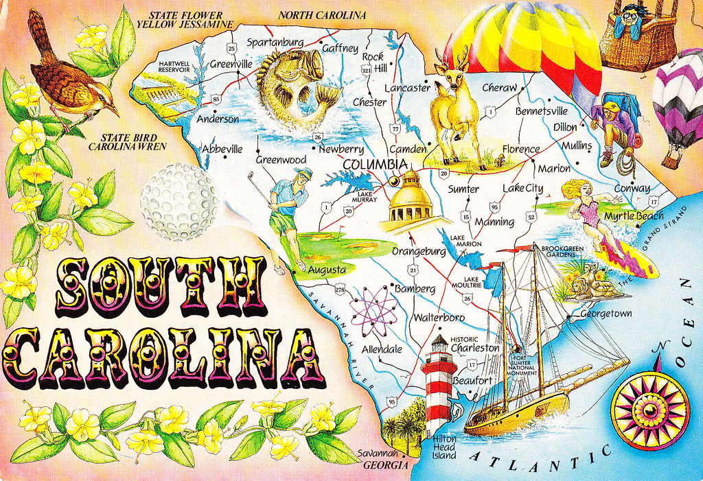 South Carolina State Map Postcard Greetings From South Car Flickr