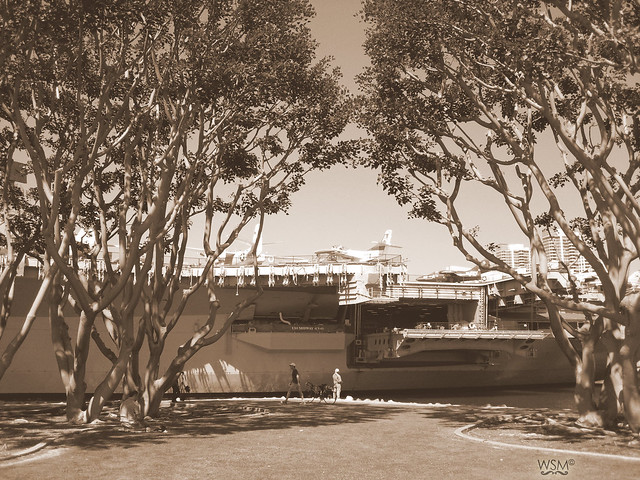 Old aircraft carrier, now bars and restaurants, Embarcadero, San Diego, CA