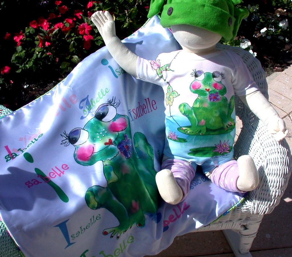 Francine La Froggie silky baby blanket and matching onesie by Rosanna Hope for Babybonbons