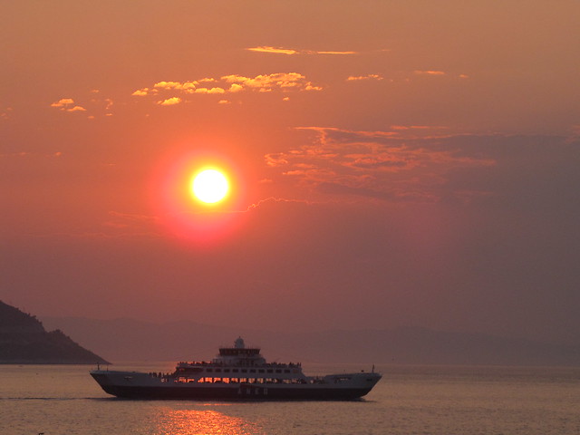 Sunset and Ferry from Thassos island,Greece