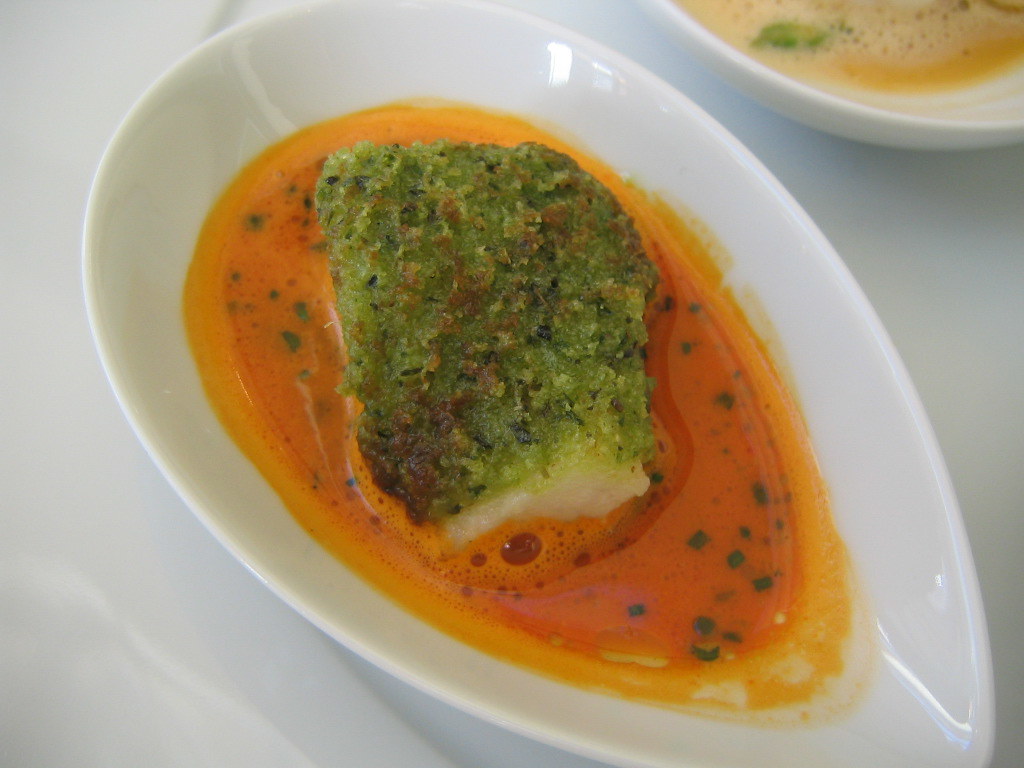 Herb-crusted Loup de Mer in a chorizo fumet. | (Rollover pic ...