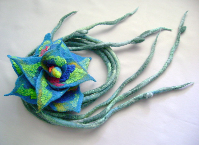 Felted floral Art scarf / necklace Handpainted silk wool ropes OOAK
