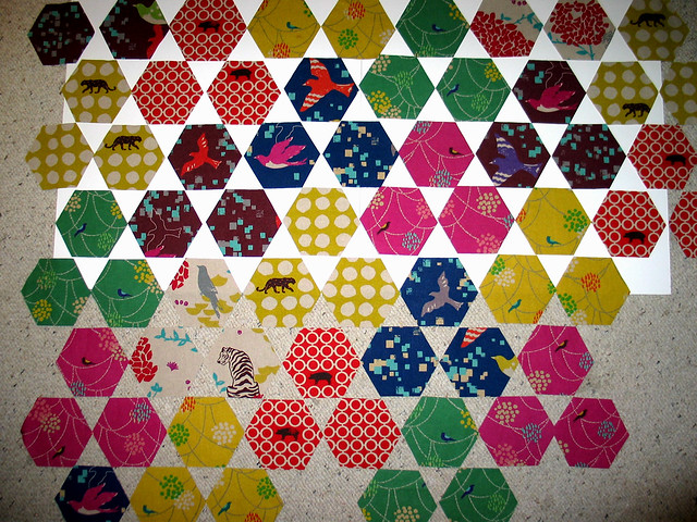 hexagons cut out of Echino fabric