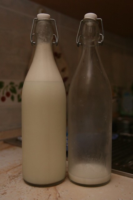 Local fresh RAW (unpasteurized, non-homogenized) cow milk (on the left) and goat milk (on the right)
