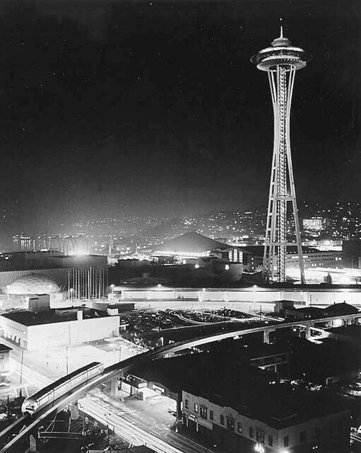 Panoramic view of grounds at night, Century 21 Exposition, Seattle, Washington