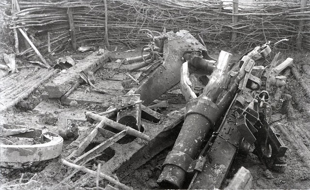 The shattered remains of a German 10cm Kanone m04 L/30, the result of a 'barrel burst' (Rohrkrepierer)