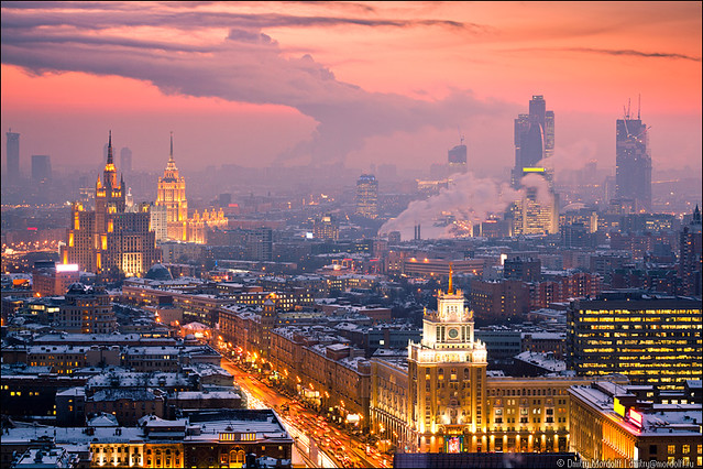 Winter cityscape at sunset. Aerial view