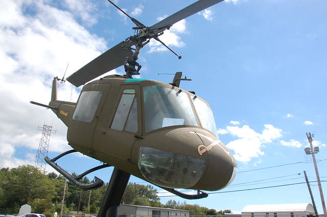 Huey helicopter on display at Beverly Airport