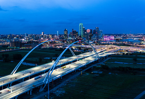 aerial blue bridge dallas dusk margaret mcdermott reuniontower skyline summer sunset texas unitedstates usa calatrava