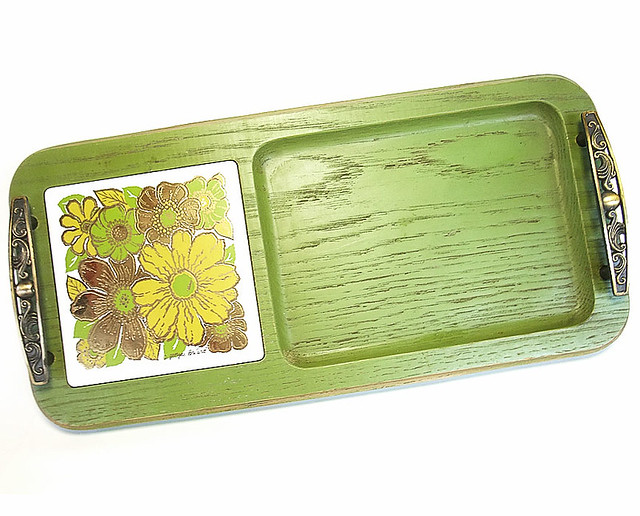 Vintage 60s avocado green flower ceramic tile cheese tray