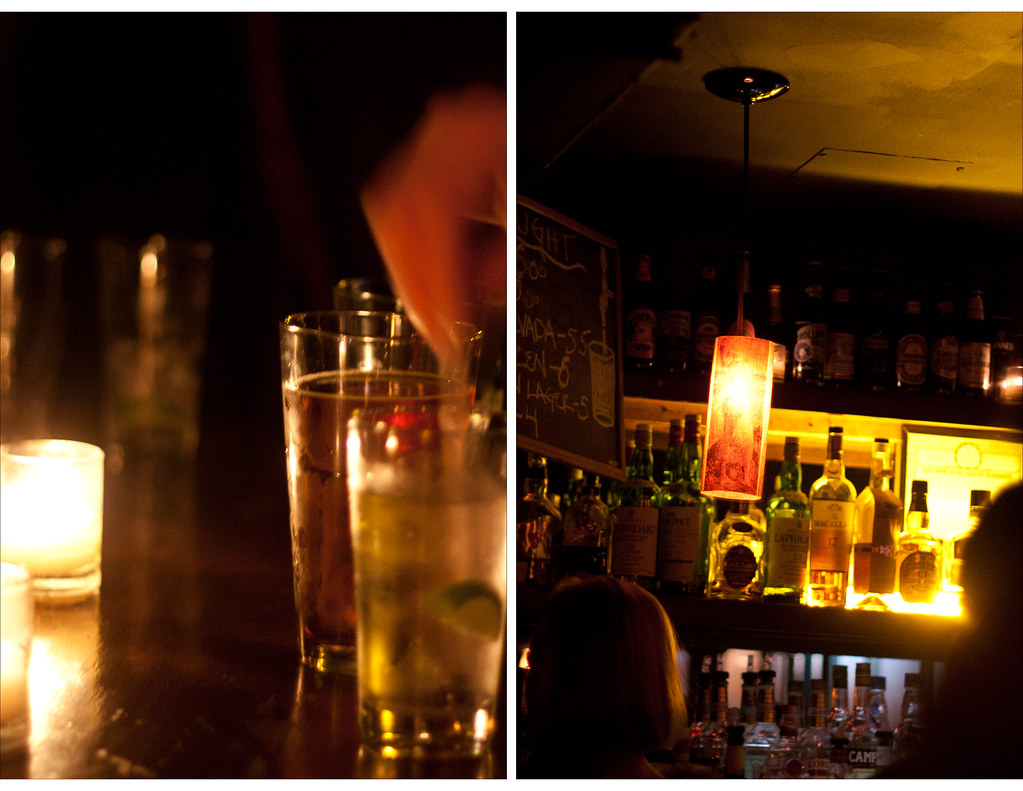 Bar diptych: left, drinks on a candlelit counter; right, amber lamp lighting shelves of liquor.
