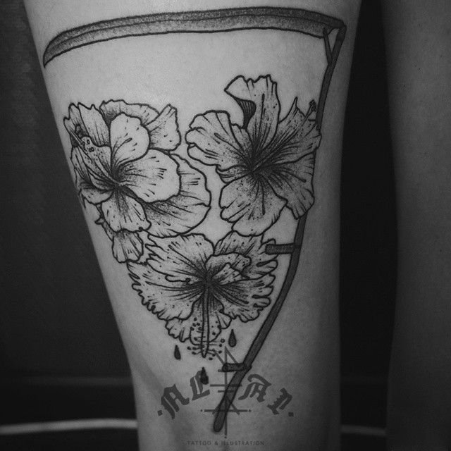 Black and Gray floral design featuring hibiscus! . . Tattoo by Traci Manley  . . Mom's North Annex in Chewelah #blackandgray #blackandgr... | Instagram
