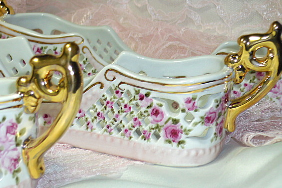 Shabby Romantic Vintage Cottage Chic Silverware Caddies with pink roses hand painted porcelain