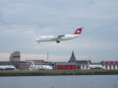 Swiss International plane landing at London City Airport
