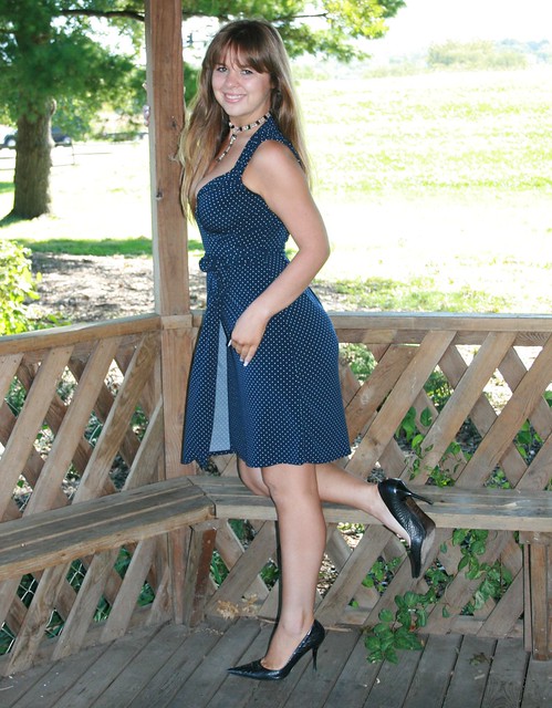 Smiling Woman Model in Blue Dress and Heels