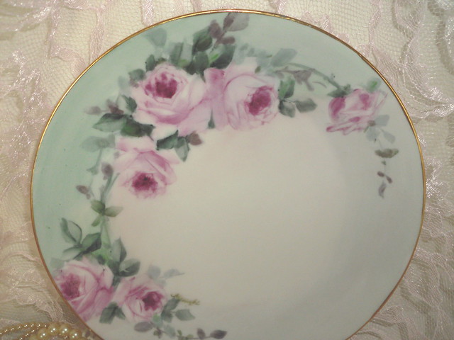 Cottage Romantic Shabby Vintage Chic Porcelain Plate with Pink Roses
