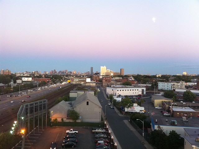 Boston's skyline turning blue & pink at sundown