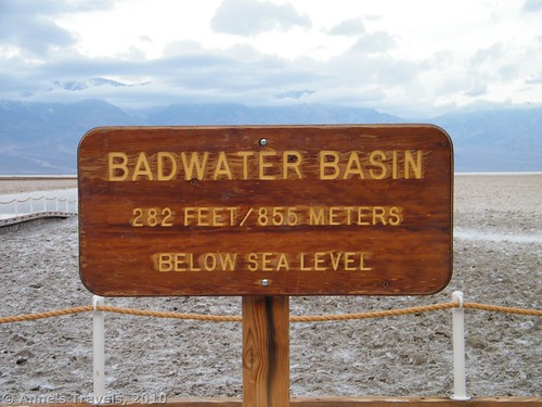 Sign at Badwater Basin marking the lowest point in North America, Death Valley National Park, California