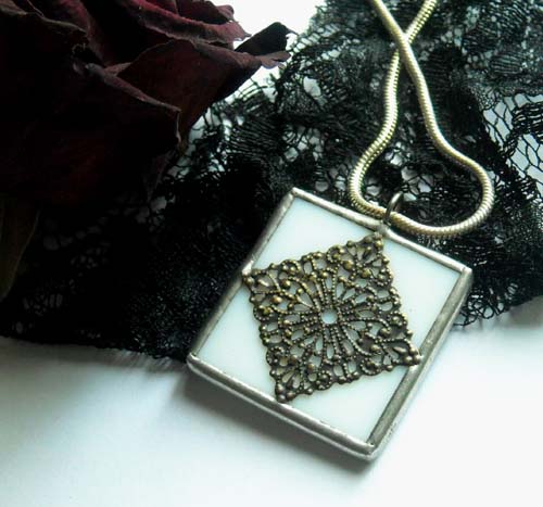 White Stained Glass Pendant With Antiqued Filagree
