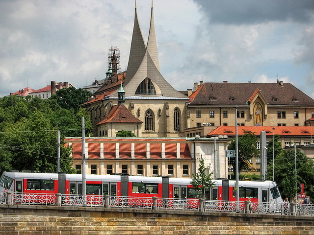 Prague church and tram