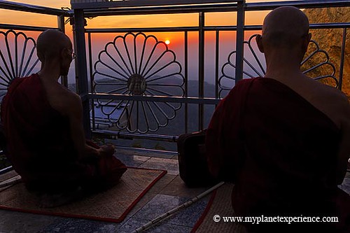 Myanmar experience : monks praying at sunset
