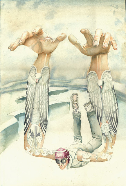 Icarus. Greek myth about the boy who flew to close to the sun - watercolour illustration by Daniel Mackie