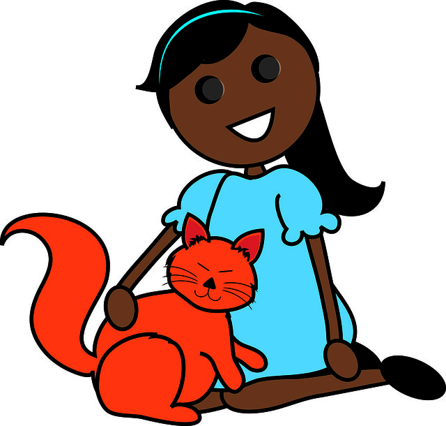 Clip Art Illustration of a Cartoon Hispanic Girl Sitting With Her Cat