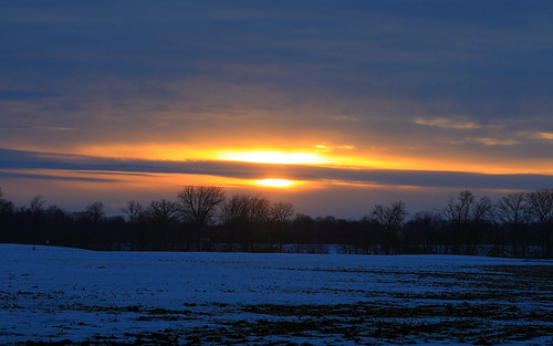Winter Sunset by HighHor$epower, After a dull, mostly cloudy, afternoon, the sky explodes with color as the sun sets over the farm fi