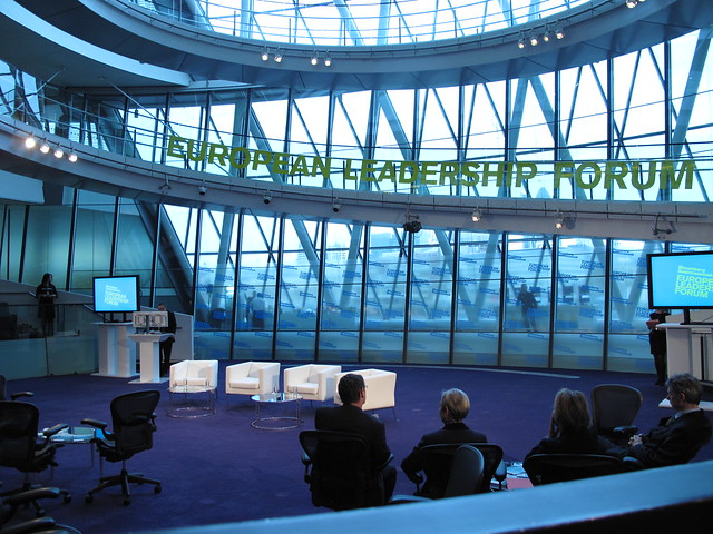 Back of the first panel of the European Leadership Forum at City Hall, London 2010 (with the empty but spot lit chairs)