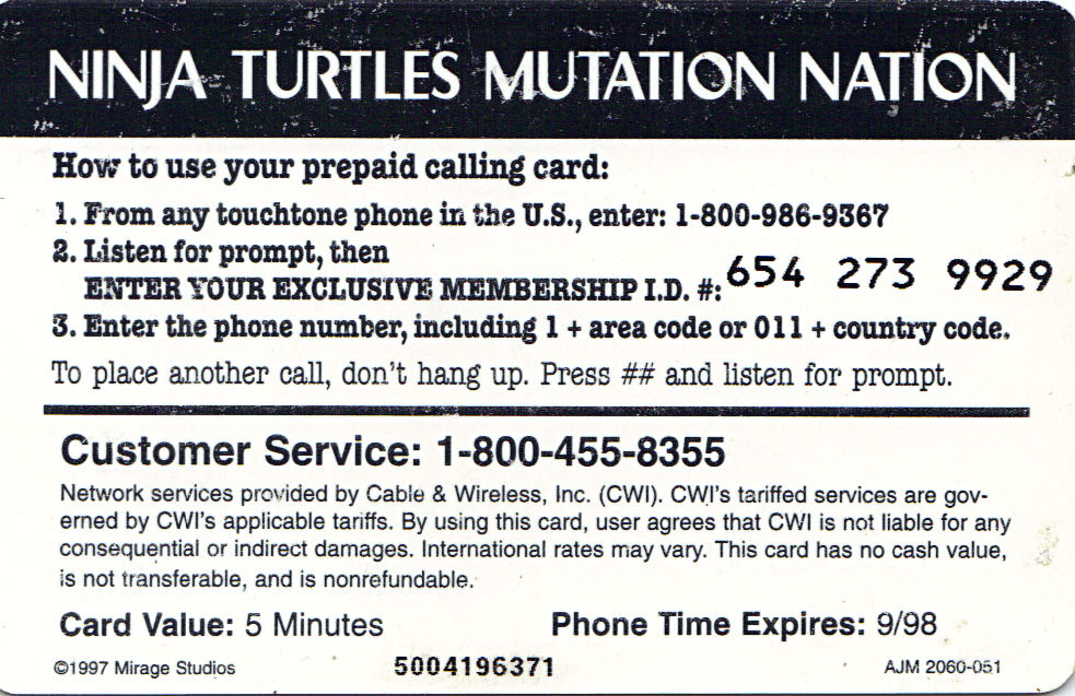 NINJA TURTLES: THE NEXT MUTATION  :: 'MUTATION NATION' Official Membership Card / Phone Card ii (( 1997 )) by tOkKa