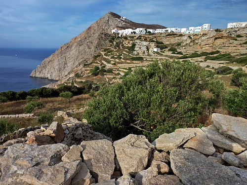Seascape, Folegandros by Marite2007, Seascape with stones and Chora on top of the hill. Folegandros island, Cyclades, Greecesea seascape