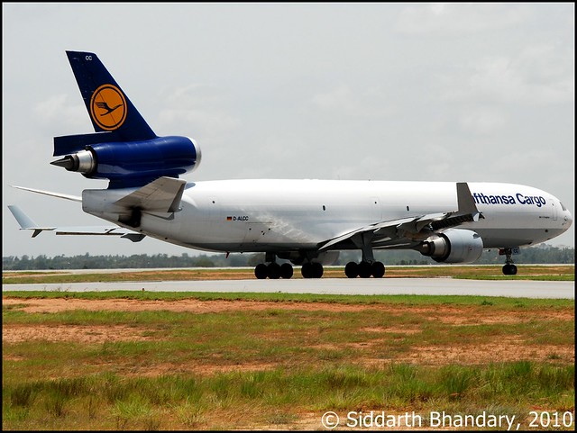 Lufthansa Cargo MD 11 taxies for take off