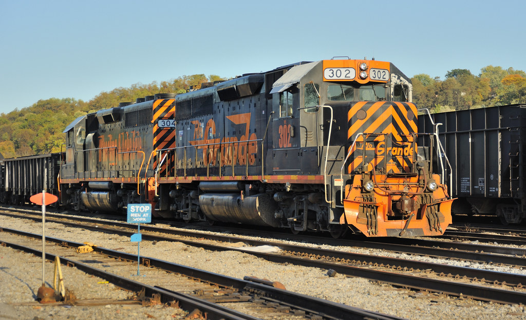 Wheeling and Lake Erie Railway rebuilt GP40-3 locomotives 302 and 304, Rook Yard, Pittsburgh, Pennsylvania, October 13, 2010.